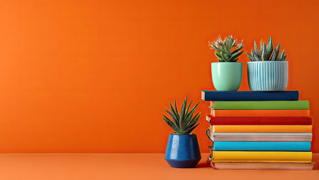Colorful books and succulents on an orange backgroundの素材