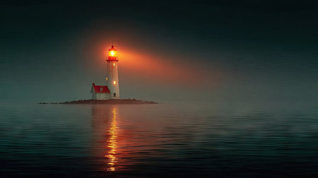 A tall lighthouse glowing with an orange light in the middle of an ocean at night. Minimalist background. The horizon is in foggy blue and purple colors. --chaos 20 --ar 16:9 --stylize 750 --v 7 Job ID: 9ec7c833-7dfd-4cde-b9cf-a0ce6aaee421の素材