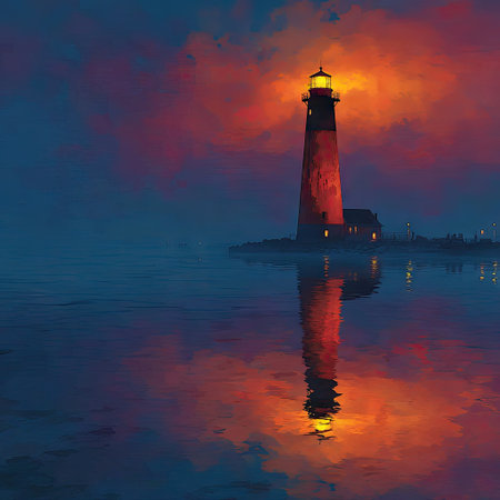 A tall lighthouse glowing orange in the middle of an ocean at night, with a foggy sky and blue and purple hues. The composition is centered and symmetrical. --chaos 30 --stylize 750 --v 7 Job ID: 0646f806-7112-428c-9cc0-06d2709fe75fの素材