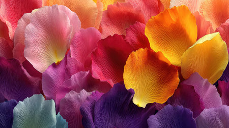 A white background with an array of petals in various colors, from light pink to dark red and yellow, arranged in a gradient effect. The petals should be intricately cut out, showcasing their delicate textures and natural shapes. This composition creates a visually appealing display that captures the beauty and diversity of rose petal hues on a clean canvas. --chaos 20 --ar 16:9 --stylize 750 --v 7 Job ID: f74a6a36-b7b9-4734-9870-cefa1c0df8f4の素材