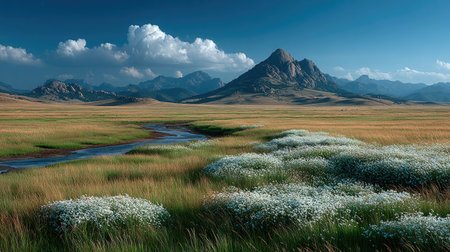 A vast grassland with mountains in the distance, a clear blue sky, and white wildflowers blooming on both sides of the wide green plain. Panoramic view, panorama, distant mountain views, distant hills. --chaos 20 --ar 16:9 --stylize 750 --v 7 Job ID: c1d67ff9-75fb-4d66-87a6-70a657ae84b8の素材