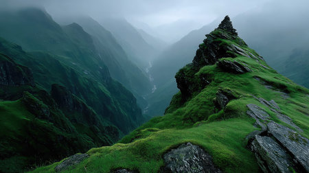 A small stone cairn atop the mountain, surrounded by fog and clouds, with green moss growing around it. In front lies an endless valley between two mountains, with cliffs stretching into misty peaks. The background features a deep, white sky, captured from above by a drone camera. This creates a mysterious atmosphere that emphasizes the scene's grandeur and tranquility. --ar 16:9 --quality 2 --stylize 750 --v 7 Job ID: 7fdefcfb-66c5-4184-8252-0539622f2b28の素材