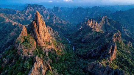 A vast mountain range composed of small, green trees in the style of Chinese landscape painting, surrounded by clouds and mist, with the sun rising in front of it. The distant view is expansive, with a symmetrical composition and a high-definition photography style. It features a golden color tone, bright colors, a wide-angle lens, natural light, and majestic mountains. --chaos 20 --ar 16:9 --stylize 750 --v 7 Job ID: 4a2b7910-d343-4f4c-a65c-b4b111381e18の素材