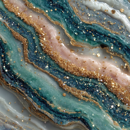 A soft, pastel marble pattern with swirling colors of teal, peach, and white, accented by glittering sparkles in shades of gold or silver, creating an elegant background for digital designs. --chaos 30 --stylize 750 --v 7 Job ID: b0a4c8b3-6a07-471a-9a26-8aafafbf5d5bの素材