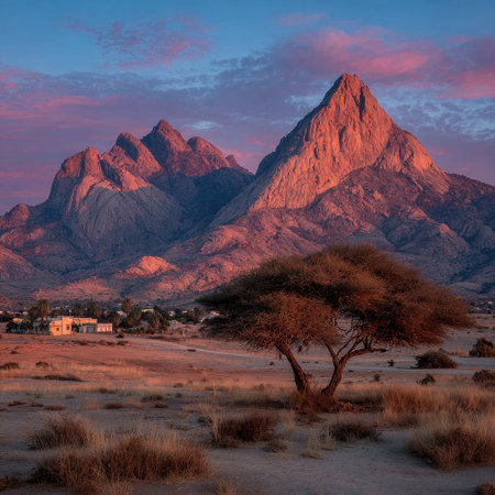 A vast savanna with an acacia tree in the center, a mountain peak in the background, and a clear sky at dawn. The photograph captures a serene landscape, emphasizing the beauty of nature. In the style of Canon EOS R5. --chaos 30 --stylize 750 --v 7 Job ID: d481b147-973a-41fa-80d8-c645f4508207の素材