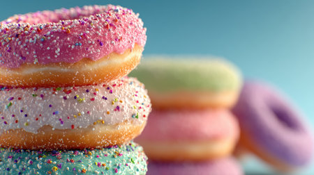 A stack of colorful doughnuts, each with sprinkles on top and a light blue background. The stacked pile is balanced on one side as if about to fall over, creating an artistic and playful composition. --ar 16:9 --quality 2 --stylize 750 --v 7 Job ID: 353bb000-a6e3-4038-a5c5-196197c660a1の素材