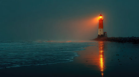 A tall lighthouse glowing with an orange light in the middle of an ocean at night. Minimalist background. The horizon is in foggy blue and purple colors. --chaos 20 --ar 16:9 --stylize 750 --v 7 Job ID: 9ec7c833-7dfd-4cde-b9cf-a0ce6aaee421の素材