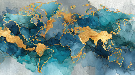 A watercolor illustration of a minimalist design featuring the outline map of Earth, with soft blue and white tones creating an elegant backdrop. The world is outlined in gold to highlight global interconnectedness. In the center lies a large blank space for text or graphics, forming the central composition. This artwork symbolizes unity among all people around the globe, making it suitable as background material for international events or to evoke majestic and grand feelings. --ar 16:9 --quality 2 --stylize 750 --v 7 Job ID: c53b674e-0808-4f65-a126-55a0348df367の素材