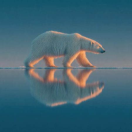 Minimalist, blue sky, polar bear walking on ice sheet, clear reflection in the water, high-resolution, high-definition, high-quality --chaos 30 --stylize 750 --v 7 Job ID: 1e87bac2-baff-45e9-a4c5-1ca7adca99f9の素材