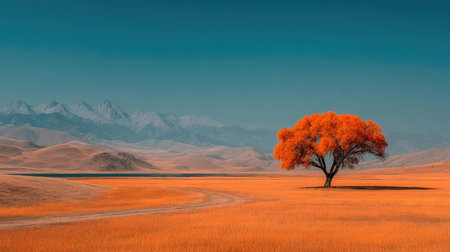 Minimalist landscape photograph of an autumn tree in the middle of a golden grass field, with a clear sky and distant mountains, and ample copy space on one side. The tree is orange against the blue background, adding contrast to create depth. A feeling of solitude and calmness is captured by this image. --ar 16:9 --quality 2 --stylize 750 --v 7 Job ID: 7735bd40-0949-4e76-9113-56df4e6235efの素材