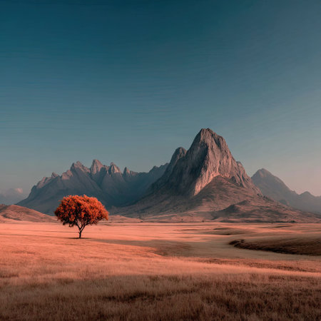 Minimalist landscape photograph of a golden grassland with an orange tree in the distance, a mountain range in the background, and a clear sky. Award-winning photography in the style of James Balog. --chaos 30 --stylize 750 --v 7 Job ID: aa4f6bc6-71a1-440a-9b59-2a76f4a6e2e5の素材