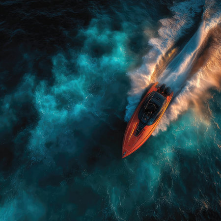 Minimalistic aerial view of an orange speedboat with smoke coming out from its exhaust, sailing on dark water. The boat is centered in the frame against a black background, creating sharp contrast and depth. It is illuminated by soft lighting that highlights its sleek design. This composition creates a sense of motion and excitement, making it suitable for advertising or promotional materials. --chaos 30 --stylize 750 --v 7 Job ID: 18497b6c-5b20-4a60-ba3a-db11ee51d677の素材