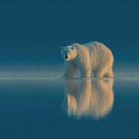 Minimalist photograph of a polar bear on the horizon in blue water, with its reflection. --chaos 30 --stylize 750 --v 7 Job ID: 3b343a89-8836-4289-b520-3eea72a6c6f8の素材