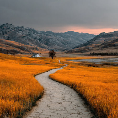 Minimalist landscape photography: a winding path through the rolling hills of a minimalistic golden grass meadow landscape by Brett Whitman, with soft focus, muted colors, and a minimalist aesthetic. The scene features a white sky and gray mountains in the background, captured with a long lens at high resolution. --chaos 30 --stylize 750 --v 7 Job ID: ab5c3e3d-fe0f-4df6-8917-00b30be80561の素材