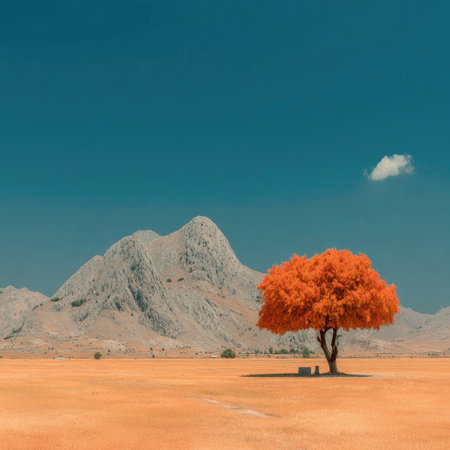 Minimalist landscape photograph of a golden grassland with an orange tree in the distance, a mountain range in the background, and a clear sky. Award-winning photography in the style of James Balog. --chaos 30 --stylize 750 --v 7 Job ID: aa4f6bc6-71a1-440a-9b59-2a76f4a6e2e5の素材