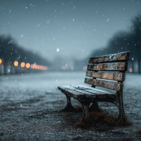 Minimalist style, simple composition, a wooden bench on the square in front of you with white fog behind it, flat view, white background, symmetrical left and right composition, clean and pure color scheme. The sky is gloomy, and snowflakes fall from above. --chaos 30 --stylize 750 --v 7 Job ID: 63b1bc06-4c2d-4f4e-b689-e6ba9e936c44の素材