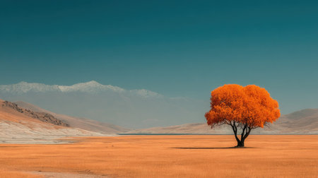 Minimalist landscape photograph of an autumn tree in the middle of a golden grass field, with a clear sky and distant mountains, and ample copy space on one side. The tree is orange against the blue background, adding contrast to create depth. A feeling of solitude and calmness is captured by this image. --ar 16:9 --quality 2 --stylize 750 --v 7 Job ID: 7735bd40-0949-4e76-9113-56df4e6235efの素材