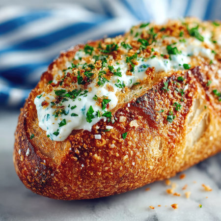 Photo of a baguette and ranch dressing on a white marble surface, with a blue-striped napkin. Web banner with copy space on the right. --chaos 30 --stylize 750 --v 7 Job ID: 0ce93157-d283-4db0-8da2-6bf6ad5fd12aの素材