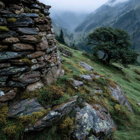On top of the mountain, there is an ancient cairn on the cliff, surrounded by fog and mist, with green moss growing around it. Below is the valley, filled with clouds and mountains. The photo utilizes high-definition photography technology to capture every detail. The picture presents the spectacular scenery of nature, which evokes a sense of awe. The image is high-resolution, high in detail, and of high quality. --chaos 30 --stylize 750 --v 7 Job ID: b91b9a99-4bd8-44c0-a54b-8df8ca3b897eの素材