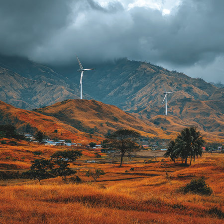 Panoramic photograph of wind turbines on hillsides in Thailand, with green trees and red soil, against a cloudy sky, shot with a Canon EOS R5. --chaos 30 --stylize 750 --v 7 Job ID: cd3e98b1-0189-4e37-b4cf-4109512016d4の素材