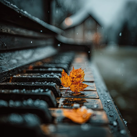 photo of leaves falling on piano keys, rain and snow in the background, shallow depth of field, blurred background, cinematic, low angle shot, bokeh effect, yellow leafs, --chaos 30 --stylize 750 --v 7 Job ID: 85cb88cc-e7bb-4e3d-896b-fb0ef9536d63の素材
