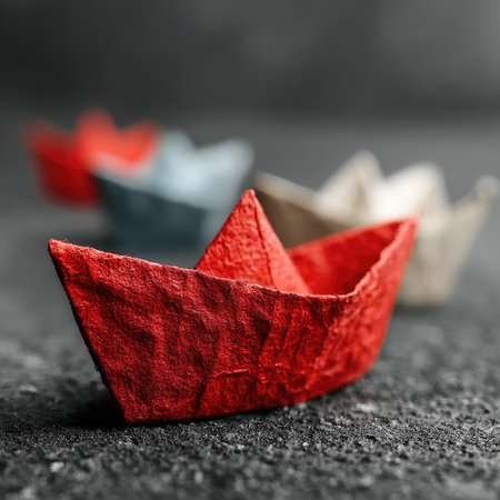 Photo of a red paper boat leading other white boats on a gray background, symbolizing the leader's role in team management and the final depiction for a stock photo. Web banner with copy space on the right side. --chaos 30 --stylize 750 --v 7 Job ID: 211ace2f-4d7a-4bb3-8f72-c984be2869ebの素材