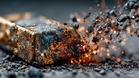 Photo of a gold bar on the ground with sparks flying around it, on a grey background. Web banner with copy space on the right. --chaos 20 --ar 16:9 --stylize 750 --v 7 Job ID: 0cdfb759-bbc2-4538-a8b6-0a86aeeff779の素材