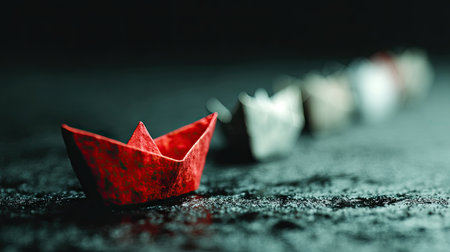 Photo of a red paper boat leading other white boats on a gray background, symbolizing the concept of leadership and facility management in business. Shot with a Nikon D850 and a 24-70mm f/2.8 lens at f/8. Minimalistic, in the style of SVG style. --chaos 20 --ar 16:9 --stylize 750 --v 7 Job ID: 3bb33dea-8785-40d5-b42b-d48a8b612f80の素材
