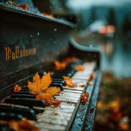 photo of leaves falling on piano keys, rain and snow in the background, shallow depth of field, blurred background, cinematic, low angle shot, bokeh effect, yellow leafs, --chaos 30 --stylize 750 --v 7 Job ID: 85cb88cc-e7bb-4e3d-896b-fb0ef9536d63の素材
