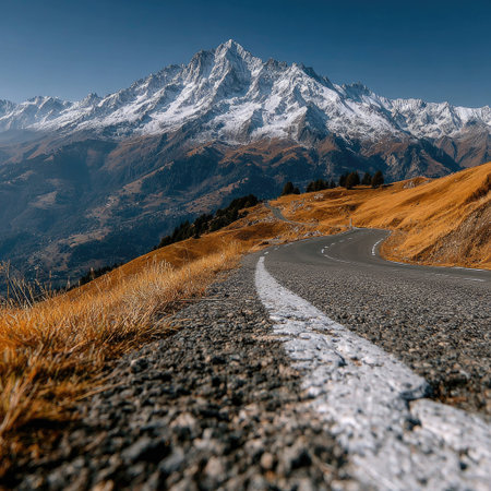 Photo of a winding road leading to the snow-capped Alps in France, with clear blue skies overhead. Web banner with copy space on the left side. --chaos 30 --stylize 750 --v 7 Job ID: e0e65955-531b-4efa-a64e-4e28e83d27a5の素材