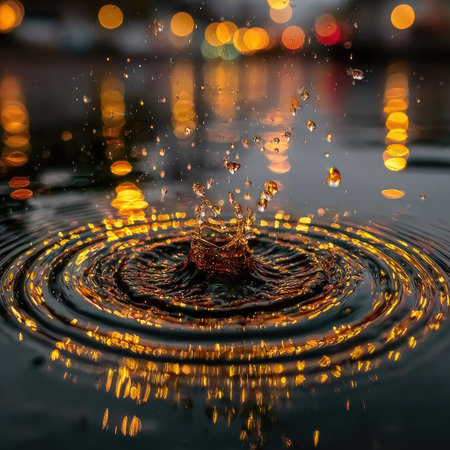 Raindrops falling on a water surface, with glowing yellow lights in the background. --chaos 30 --stylize 750 --v 7 Job ID: 0dc6fa5b-b9e5-4c36-8b4e-fb28c03bd8d6の素材