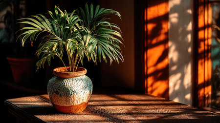 Photo of a small potted palm plant on a table, with sunlight coming in from the right side and casting long shadows. The background is black, and the colors are orange and green. --ar 16:9 --quality 2 --stylize 750 --v 7 Job ID: b329337b-f77c-497a-9df7-ff344929e059の素材