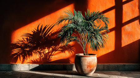 Photograph of a small potted palm plant in the style of studio photography, with hard shadows and sunlight shining from above, set against a dark background. The image features subtle orange and green accents, creating a minimalist aesthetic. --ar 16:9 --stylize 750 --v 7 Job ID: 6384b570-25e5-402e-8823-657d29a86445の素材