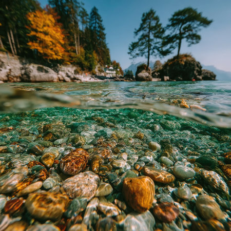 Photo of pebbles on the shore, a wave in clear water with trees and blue sky in the background, taken from an underwater perspective, shot with a Sony Alpha A7 III camera. --chaos 30 --stylize 750 --v 7 Job ID: 21efa271-d1d8-4458-856f-fbdfe04dd6e5の素材