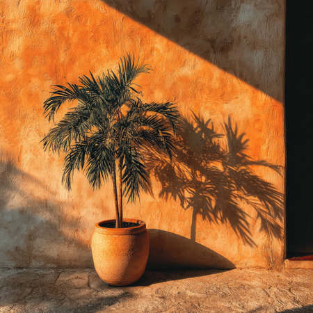 Photograph of a small potted palm plant, captured in the style of architectural photography. The plant is set against a black background, with the sun shining from the right side, casting long shadows on the left side. The image has a warm tonal palette and a minimalist, product-like composition with a close-up perspective. --chaos 30 --stylize 750 --v 7 Job ID: 1ccb571b-a3ad-46e1-8dc4-af3374b57f87の素材