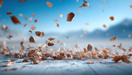 This image features numerous pieces of fragmented material suspended in mid-air. The composition highlights a dynamic arrangement against a soft, blurred background with tones of blue. It suggests an outdoor setting and offers potential use for conceptual illustrations, design elements, and abstract visuals across various commercial platforms.の素材