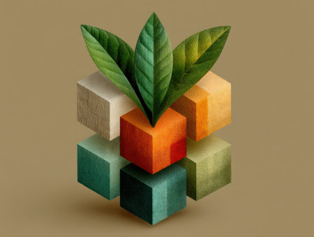 An abstract composition features stacked colorful cubes with vibrant green leaves sprouting from the top. The image displays a balanced composition of various textures and hues, with warm lighting. Suitable for use in design, marketing materials, and conceptual illustrations, this graphic is ideal for visual storytelling.の素材