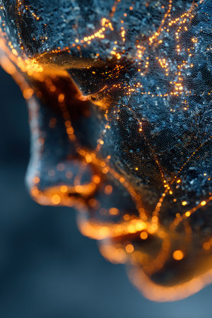 This abstract digital artwork depicts a close-up of a structured form with a glowing pattern. The piece features a dark blue and orange color palette with a textured appearance, and high-contrast lighting creating a sense of depth. Suitable for various creative and conceptual applications.の素材