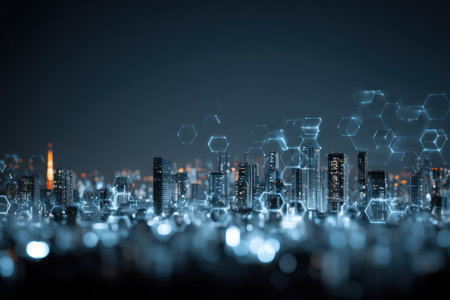 An abstract cityscape is displayed at night, featuring tall buildings illuminated with bright lights. Digital hexagonal patterns overlay the skyline, suggesting connectivity. The overall composition uses cool tones with a focus on blues and whites, creating a modern, high-tech visual. This image is suitable for technology, business, and design projects.の素材