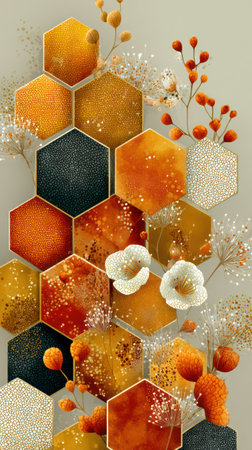 A vibrant artistic composition showcases a collection of hexagonal shapes in various shades of orange, yellow, and black. Delicate floral accents and small sparkling details enhance the design's overall appeal. The image exhibits a textured effect with soft lighting and a neutral background, making it suitable for decorative or design projects.の素材