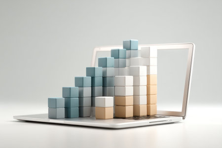 An upward-trending graph constructed of colorful blocks emerges from a laptop computer screen. The image features a clean, minimalist style with a neutral white background. The composition and lighting create a modern aesthetic suitable for presentations, reports, or business-related materials.の素材