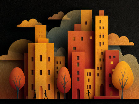 An illustration depicts a vibrant cityscape composed of geometric buildings and trees. Rendered in a paper-cut style, the artwork features warm hues of orange and yellow against a dark backdrop. The composition suggests a symbolic representation suitable for various design applications, potentially for editorial or decorative purposes.の素材