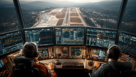An air traffic control center is observed, showcasing an overhead view of a runway approach. The composition features diverse digital displays, complex data, and two operators. The lighting creates a contrast between the interior and the external environment. This image could be used for various commercial and editorial projects.の素材