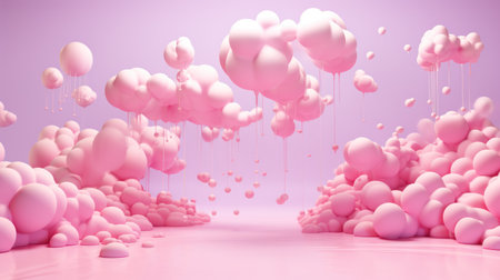 This image features fluffy, pink clouds set against a soft, pastel backdrop. The composition suggests an ethereal, dreamlike scene with dynamic arrangement. The studio lighting enhances the vibrant colors and textures, suitable for design projects or creative editorial purposes. The scene evokes a sense of wonder and abstract shapes.の素材