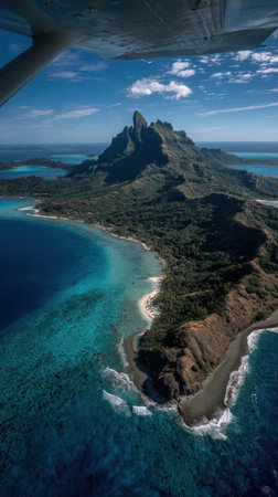 An aerial perspective captures a lush, green mountain rising from clear turquoise waters. The composition highlights a coastline with sandy beaches, contrasted by deep blue ocean. The image showcases natural textures and vibrant colors. Suitable for various travel, nature, or environmental projects.の素材