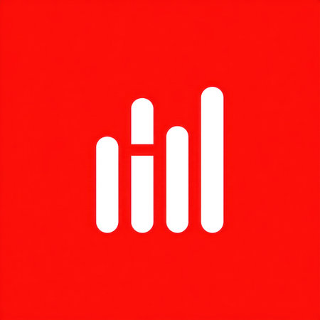 A vibrant red backdrop features a graphic of white vertical bars of varying heights. The composition employs a minimalist approach, with high contrast. The image is suitable for digital platforms, presentations, and design projects. It could be used for illustrating data analysis, statistics or business concepts.の素材