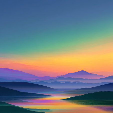 An abstract landscape portrays layered mountain silhouettes reflected in a tranquil body of water. The composition is defined by a gradient sky featuring warm hues of orange and yellow transitioning to cooler shades. The artwork, with its stylized visual elements, suggests possibilities for decorative purposes or editorial content.の素材