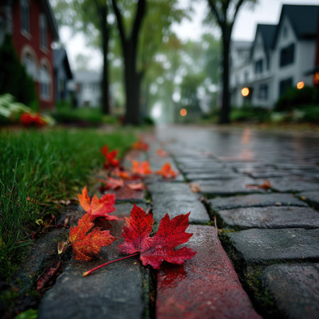 Red autumn leaves lie on a brick road, creating a colorful contrast against the wet surface. The image showcases a residential street scene with houses in the background and green grass alongside the road. The lighting suggests an overcast day, suitable for various editorial and commercial applications.の素材