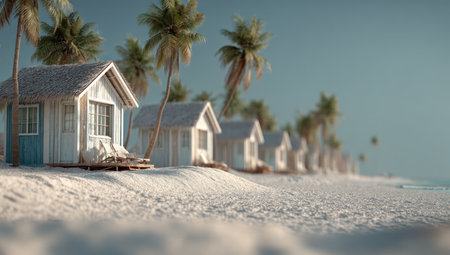 A row of small white cottages is located on a sandy beach, accompanied by palm trees under a clear sky. The image features soft lighting and a shallow depth of field, emphasizing the foreground. This could be used for travel, tourism, or vacation related projects.の素材
