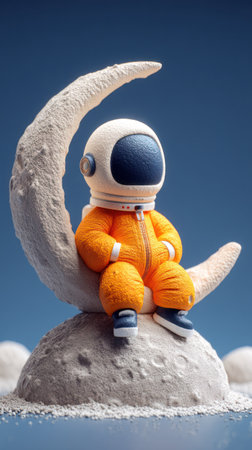 An astronaut figure sits comfortably upon a lunar crescent, set against a gradient blue backdrop. The illustration showcases a cartoon-style design with bright colors and soft textures. The scene suggests a futuristic environment, suitable for various creative applications. It is possibly for editorial or commercial usage.の素材